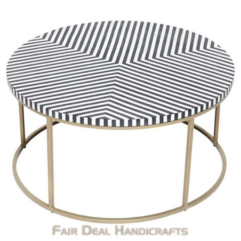 Geometric Black and White Striped Round Bone Inlay Coffee Table - Fairdeal Handicrafts