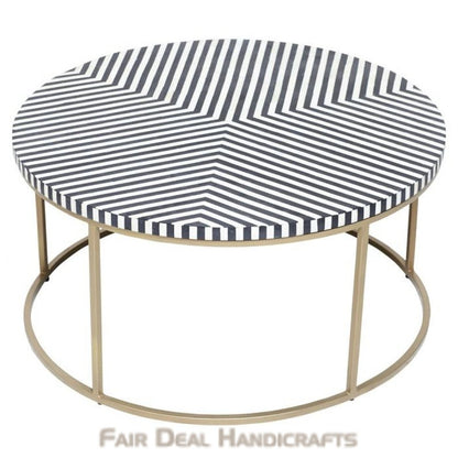 Geometric Black and White Striped Round Bone Inlay Coffee Table - Fairdeal Handicrafts