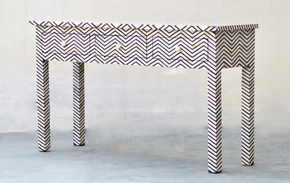 HANDMADE BONE INLAY CONSOLE TABLE IN BLACK AND WHITE CHEVRON PATTERN