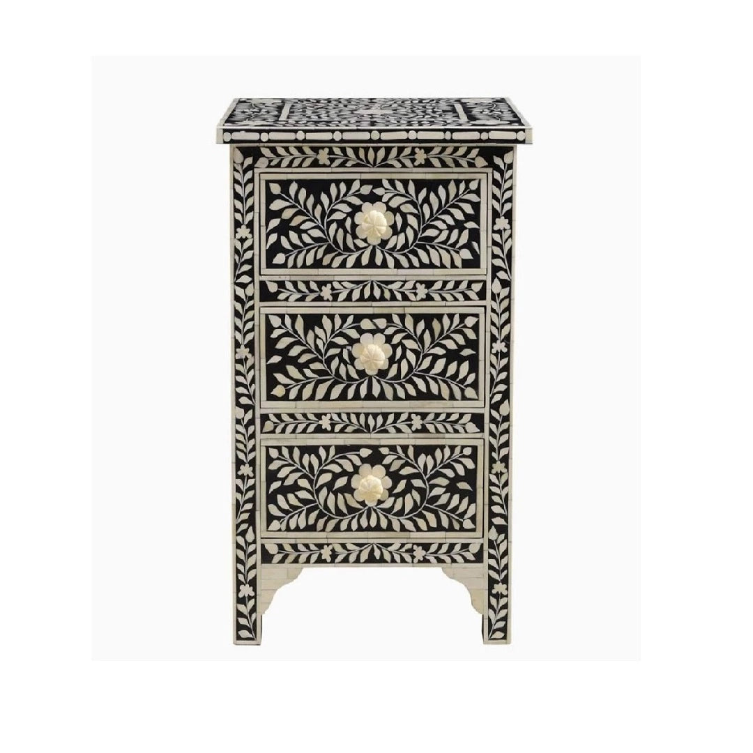 Handmade Black Bone Inlay Floral Bedside