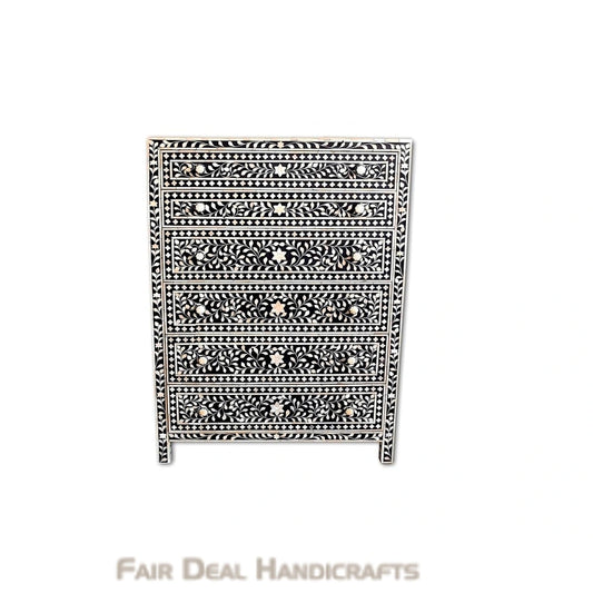 Bone Inlay Floral Chest of 6 Drawers | Tall boy Dresser