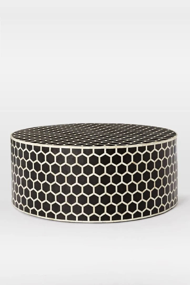 Handmade bone Inlay Black Honeycomb Pattern Round Coffee table