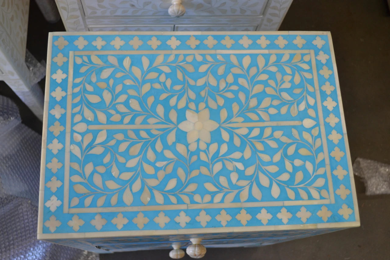 Blue Bone Inlay Floral Nightstand