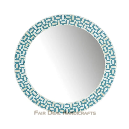 Bone Inlay Geometric Blue and White Round Mirror Frames with Complimentary Mirror