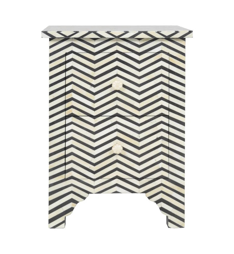 Handcrafted Bone Inlay Chevron pattern Nightstand in Black