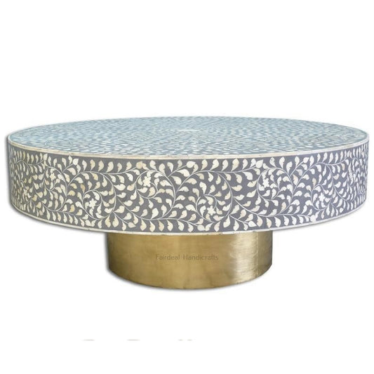 Floral Grey Bone Inlay Round Coffee Table - Fairdeal Handicrafts