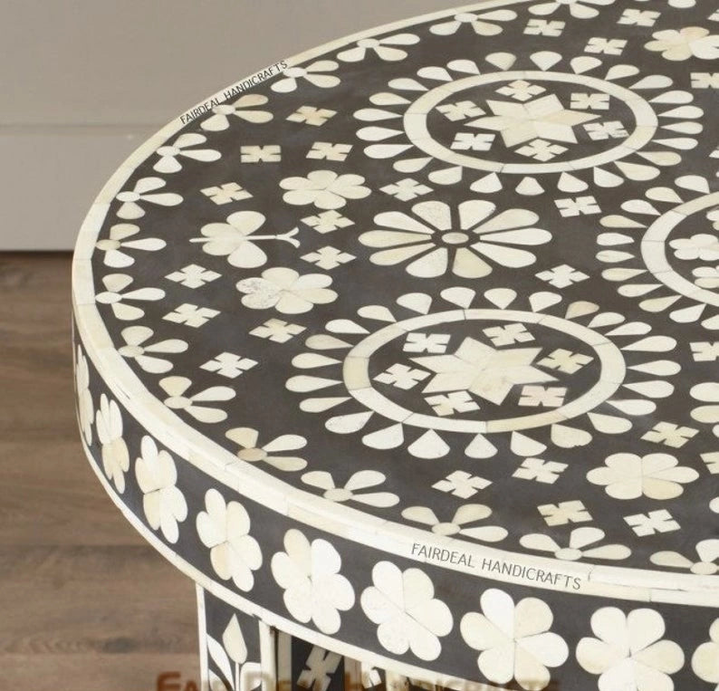 Handmade bone inlay round antique stool, Bone inlay furniture, vintage decor for home