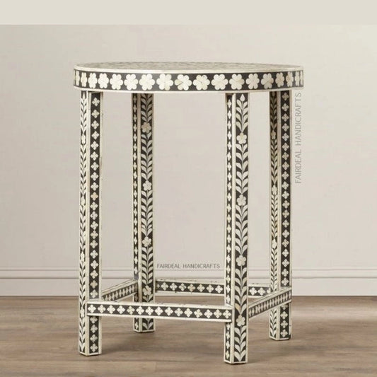 Handmade bone inlay round antique stool, Bone inlay furniture, vintage decor for home