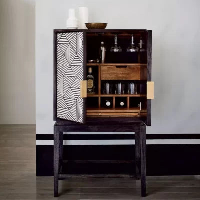 Handmade Black & White Geometric Pattern Bone Inlay Bar Cabinet | Fairdeal Handicrafts