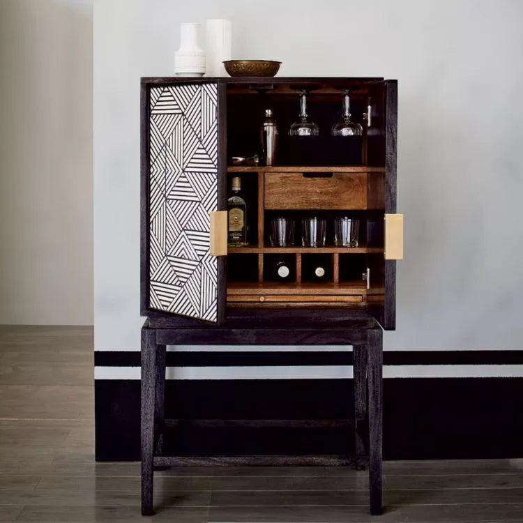 Handcrafted Bone inlay Geometric Pattern Bar Cabinet