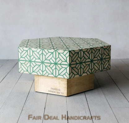 Geometric Hexagonal Bone Inlay Green Coffee Table - Fairdeal Handicrafts