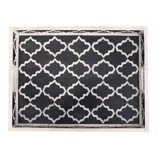 Bone Inlay Tray in Geometric Mughal Design - Black