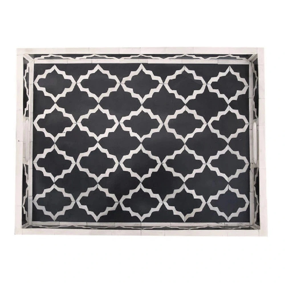 Bone Inlay Tray in Geometric Mughal Design - Black