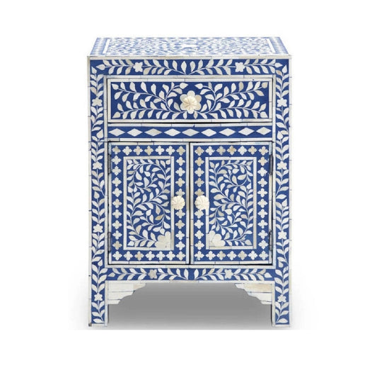 Handmade Bone Inlay Blue Floral Nightstand