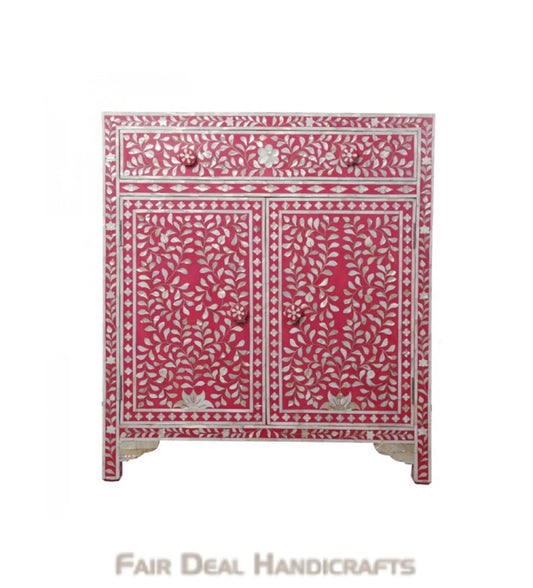 HANDMADE FLORAL PATTERN PINK MOTHER OF PEARL INLAY NIGHTSTAND BEDSIDE CABINET