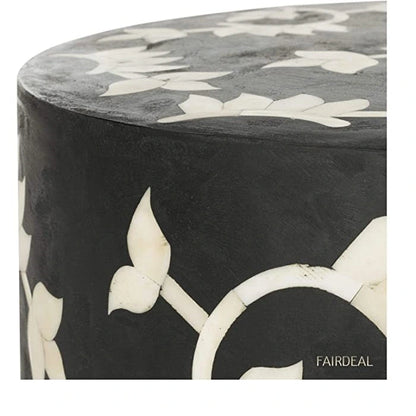 Black bone inlay Floral Round vintage antique stool for home office living decor