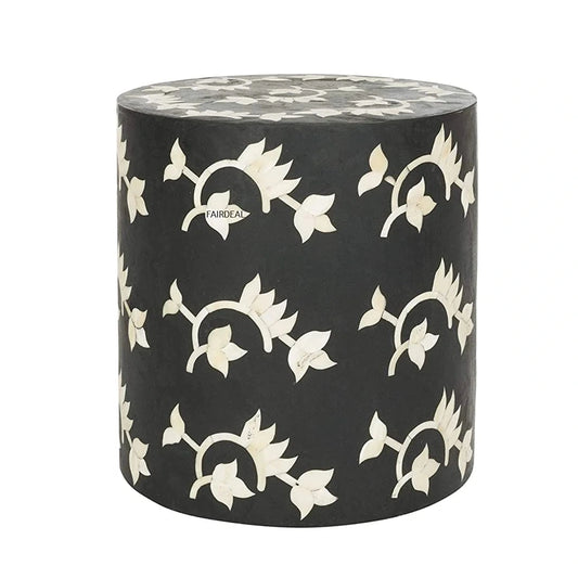 Black bone inlay Floral Round vintage antique stool for home office living decor