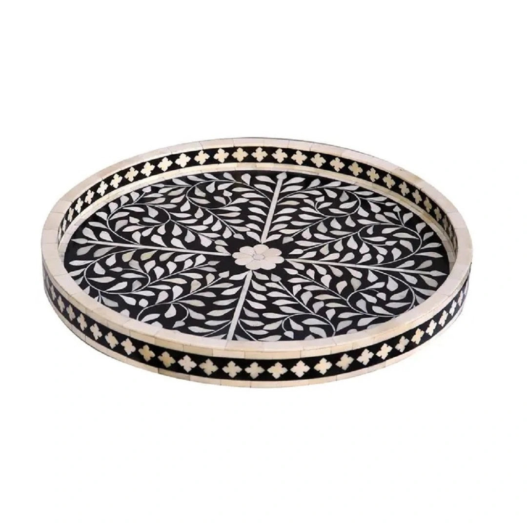 Handcrafted Bone Inlay Round Floral Tray in Black