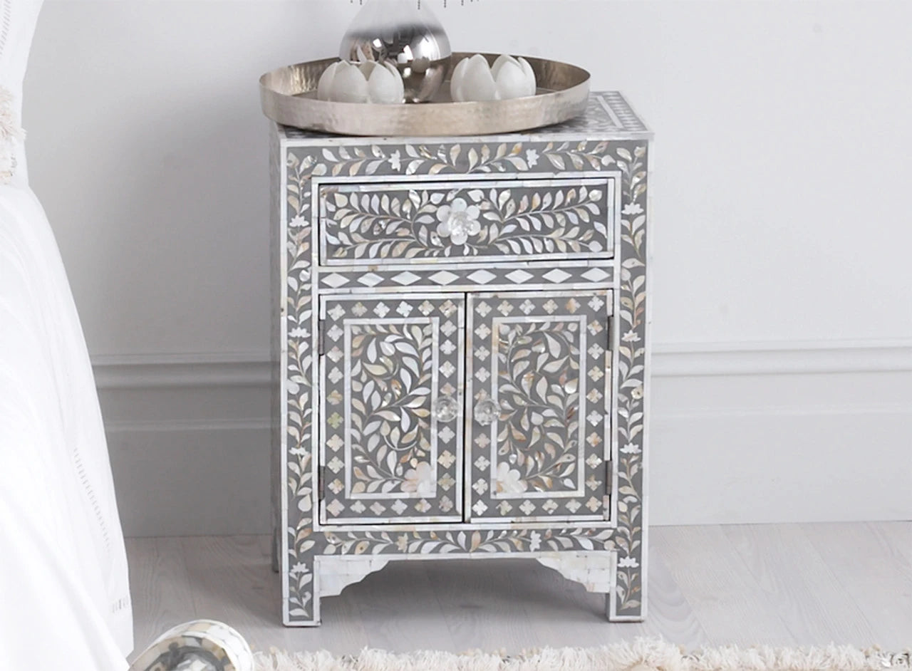Handmade Grey Mother of Pearl bedside table vintage personalized Furniture for home decor