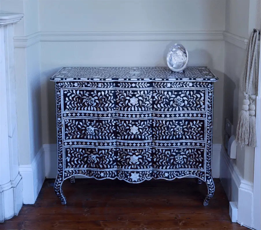 Handmade Black mother of pearl vintage antique Chest of 3 drawers for living home