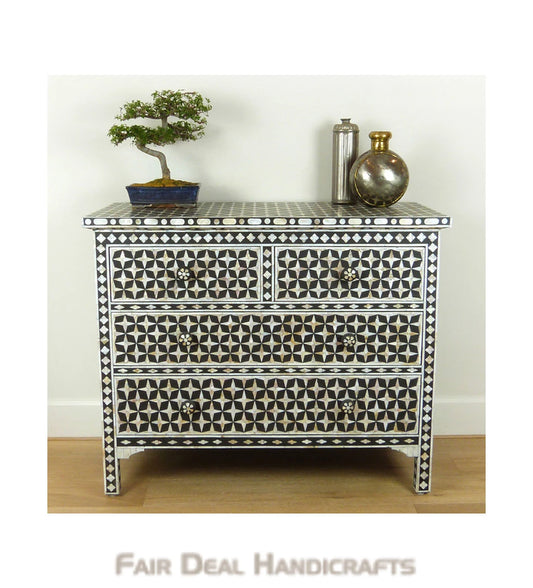 Handmade Black mother of pearl inlay vintage chest of four drawers for home