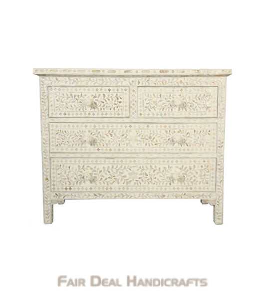 HANDMADE WHITE MOTHER OF PEARL CHEST OF 4 DRAWERS