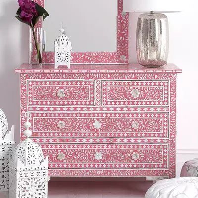 Handmade Pink Mother of Pearl Inlay Chest of 4 Drawers vintage interiors for home
