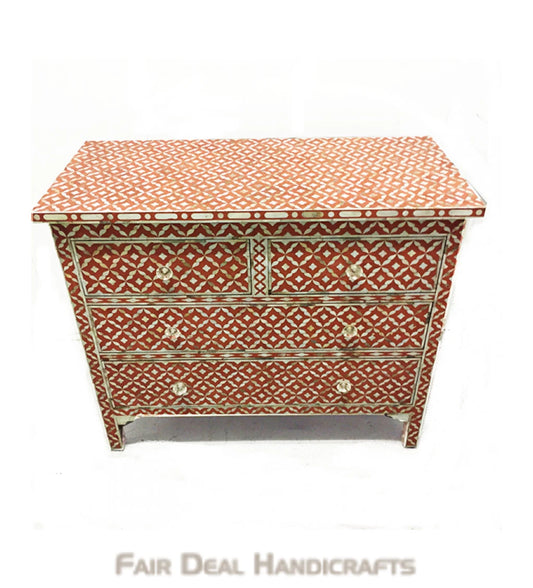 HANDMADE TERRACOTTA SEMI GEO MOTHER OF PEARL INLAY CHEST OF DRAWER
