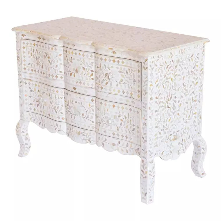 Handmade White Bone Inlay Personalized Crafted Floral Vintage Chest of 2 Drawers