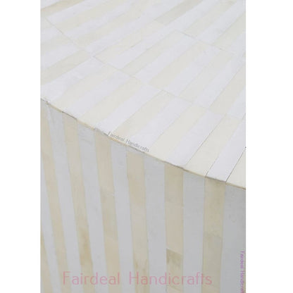 Geometric Striped White Bone Inlay Round Coffee Table - Fairdeal Handicrafts