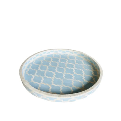 Bone Inlay Round Tray In Geometric Mughal Design – Blue