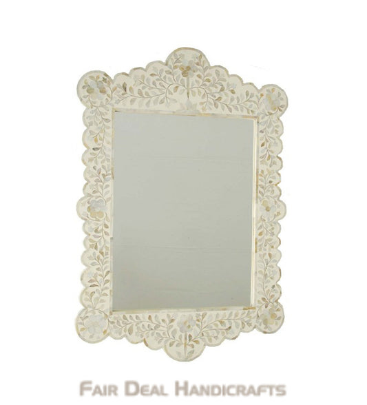 WHITE MOTHER OF PEARL INLAY SCALLOPED MIRROR FRAME