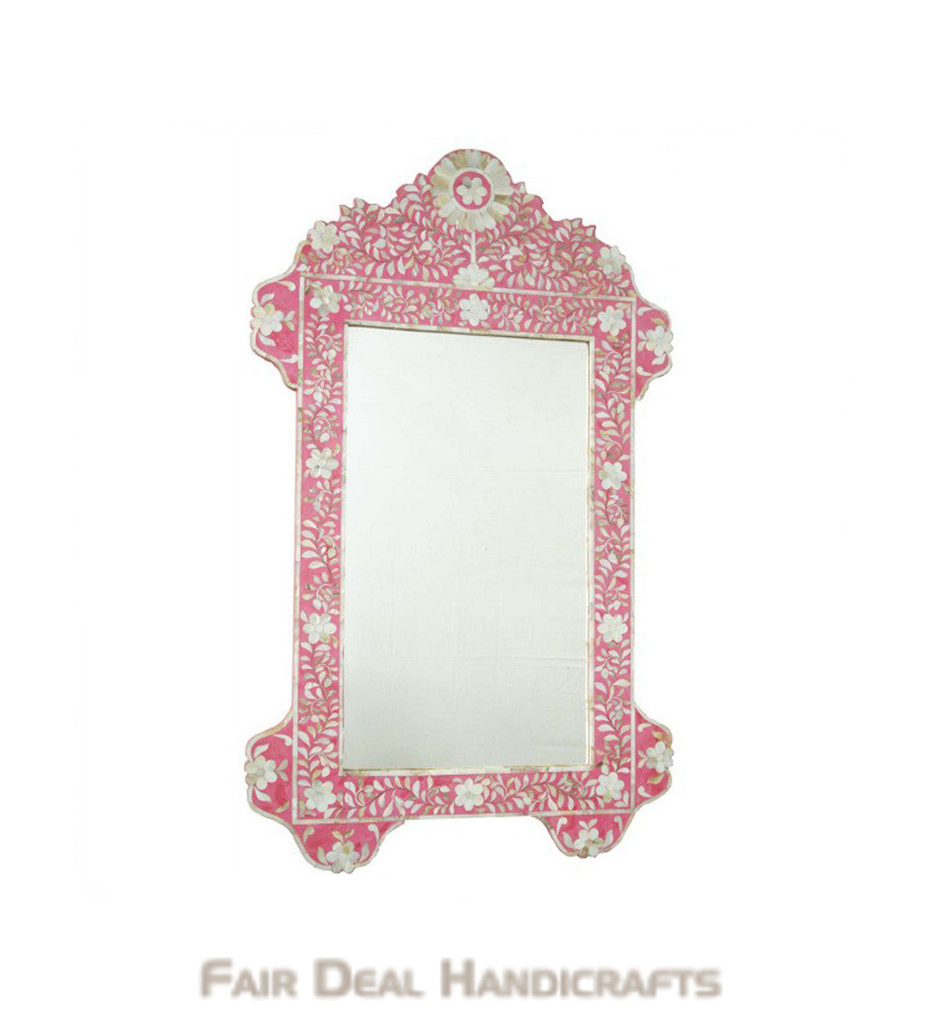 HANDMADE PINK MOTHER OF PEARL INLAY FLOWER MIRROR FRAME