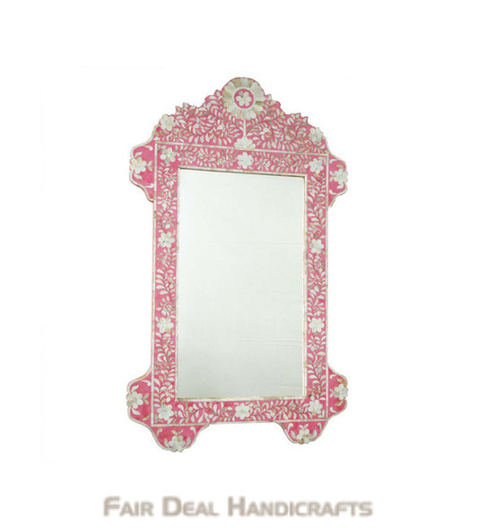 HANDMADE PINK MOTHER OF PEARL INLAY FLOWER MIRROR FRAME