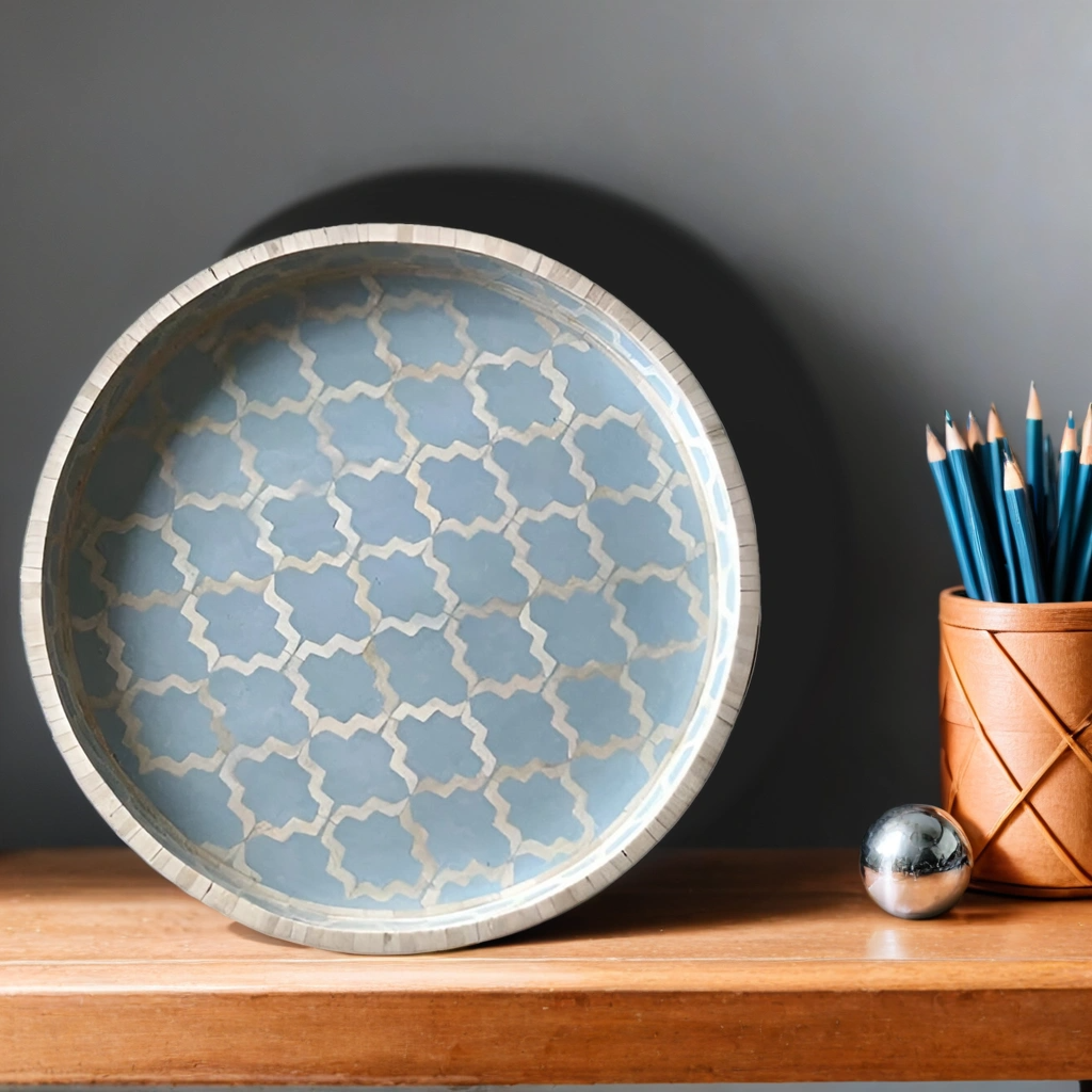 Bone Inlay Round Tray In Geometric Mughal Design – Blue
