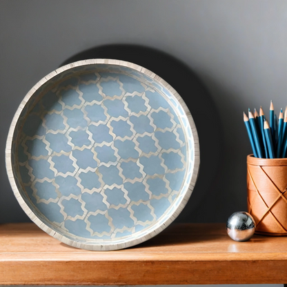 Bone Inlay Round Tray In Geometric Mughal Design – Blue
