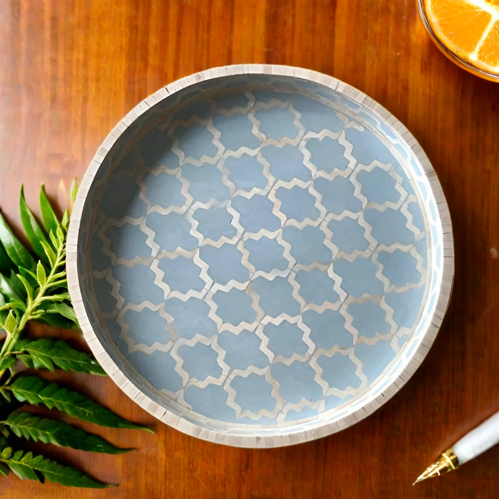 Bone Inlay Round Tray In Geometric Mughal Design – Blue