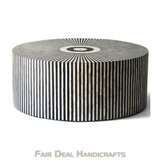 Geometric Striped Black Bone Inlay Round Coffee Table - Fairdeal Handicrafts