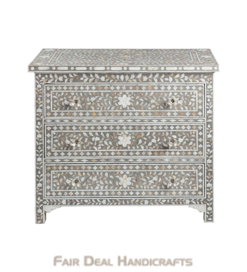 Handmade Mother of pearl grey vintage antique 3 drawers personalized chest for home