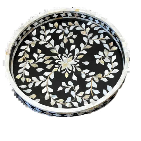 Mother of Pearl  Round Serving Tray  Black for Home & Office