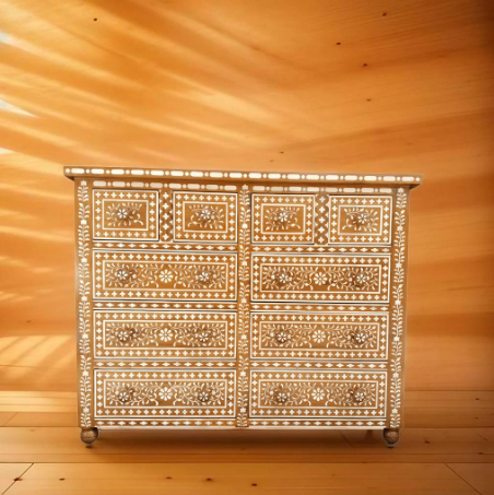 Handcrafted Antique Bone Inlay Chest of 10 Drawers