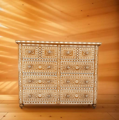 Handcrafted Antique Bone Inlay Chest of 10 Drawers