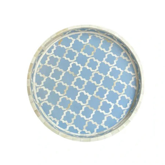 Bone Inlay Round Tray In Geometric Mughal Design – Blue
