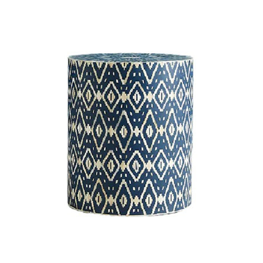 HANDMADE BLUE BONE INLAY ROUND STOOL IN GEOMETRICAL IKKAT PATTERN