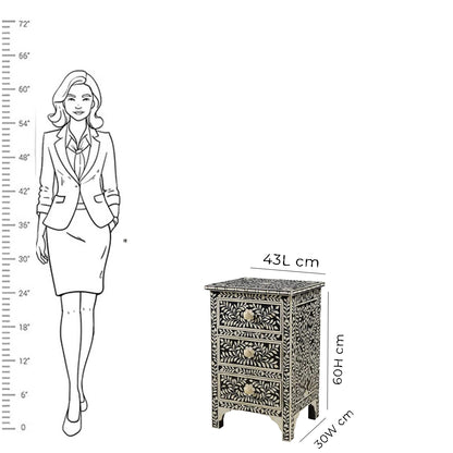 Floral Bone Inlay Nightstand Table - Black
