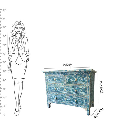 HANDMADE BRIGHT BLUE BONE INLAY CHEST OF 4 DRAWERS FOR HOME DECOR