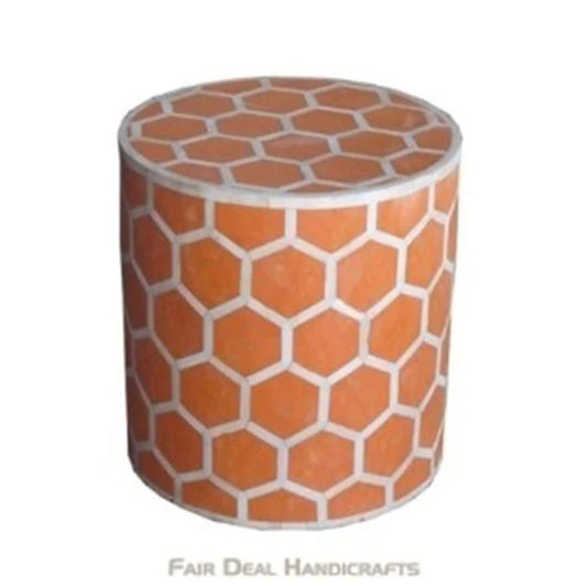 HANDMADE ORANGE BONE INLAY ROUND STOOL IN HONEYCOMB PATTERN