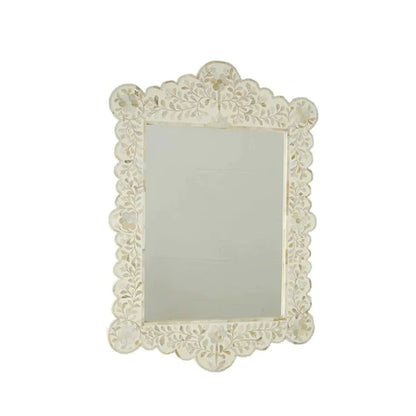 WHITE MOTHER OF PEARL INLAY SCALLOPED MIRROR FRAME