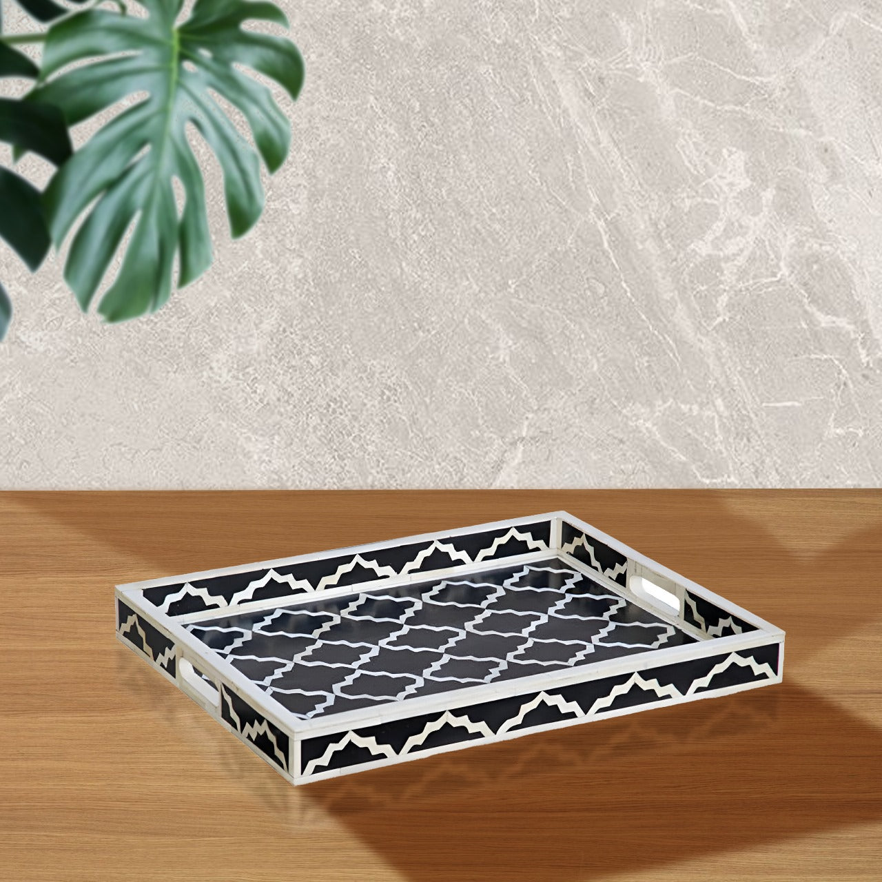 Bone Inlay Tray in Geometric Mughal Design - Black