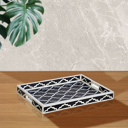 Bone Inlay Tray in Geometric Mughal Design - Black